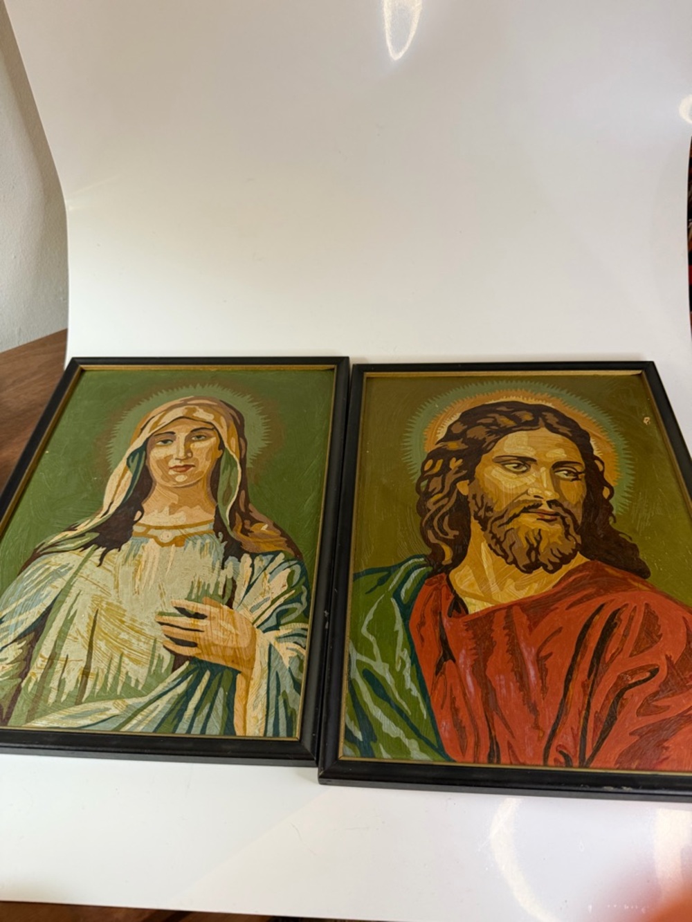 Vintage Religious Icon Pair - Mary & Jesus Paint by Numbers mid century kitsch